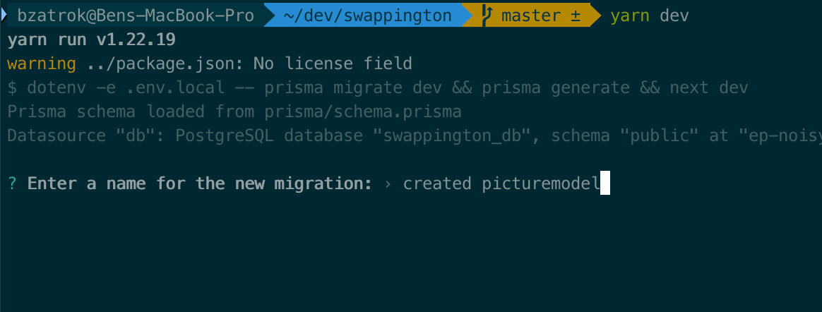 Screenshot of a prisma migration prompt