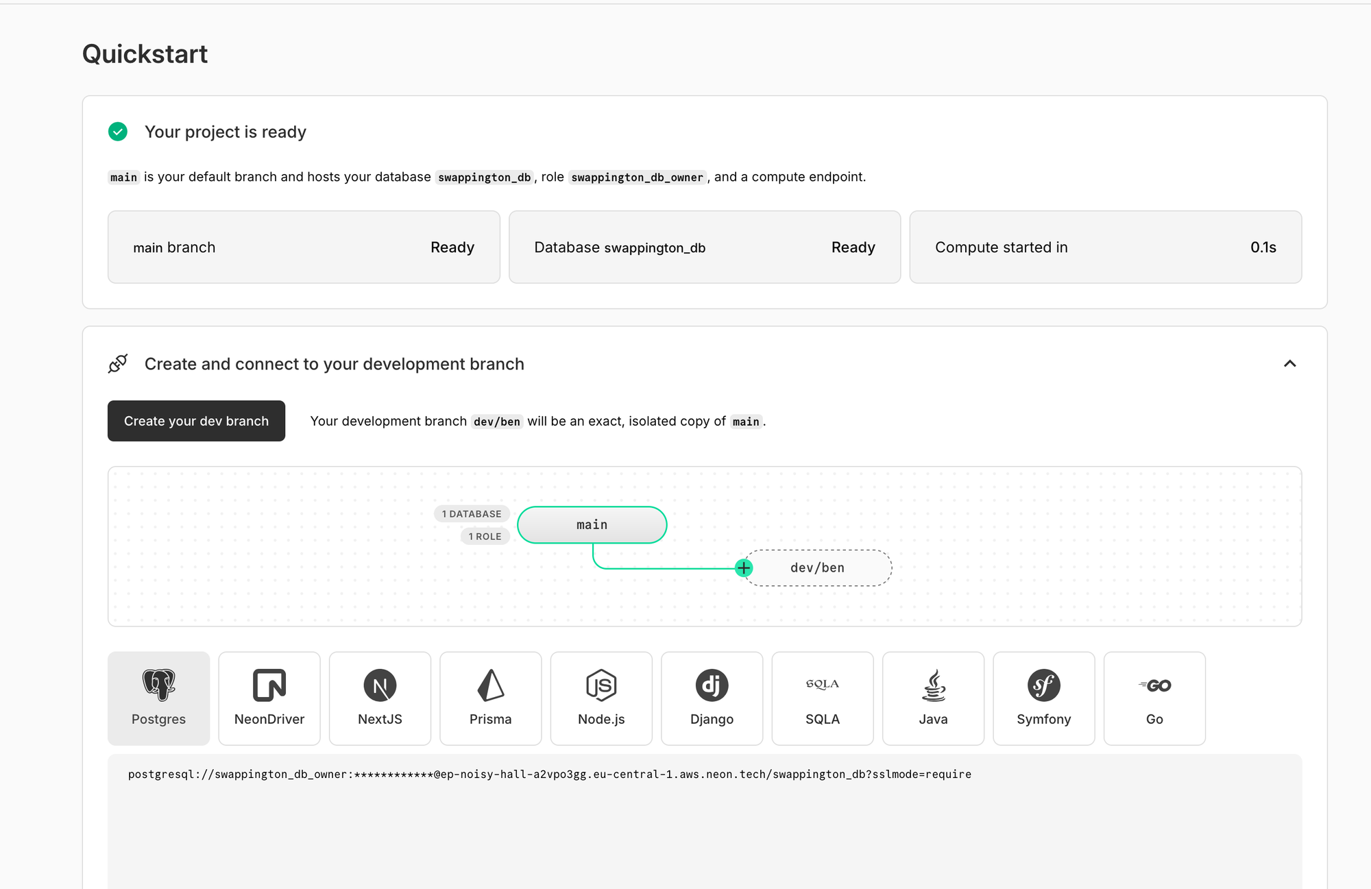 Neon's quickstart dashboard, showing our new database