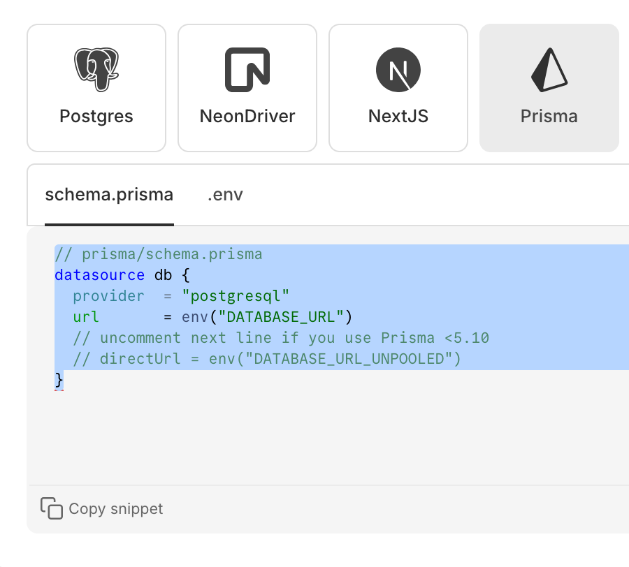 An example prisma schema provided by Neon