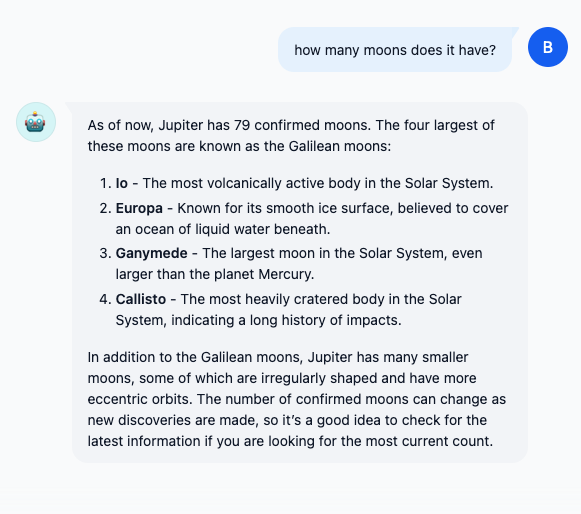 Screenshot of a chatbot response about Jupiter, containing factual inaccuracies