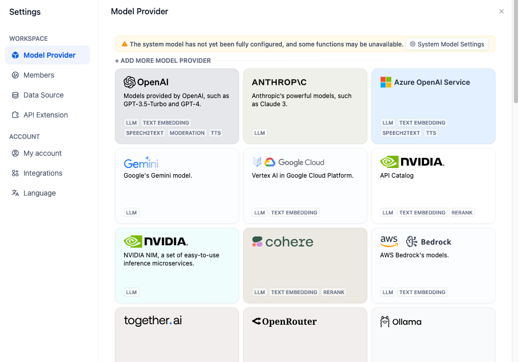 A screenshot of Dify's various LLM model integrations