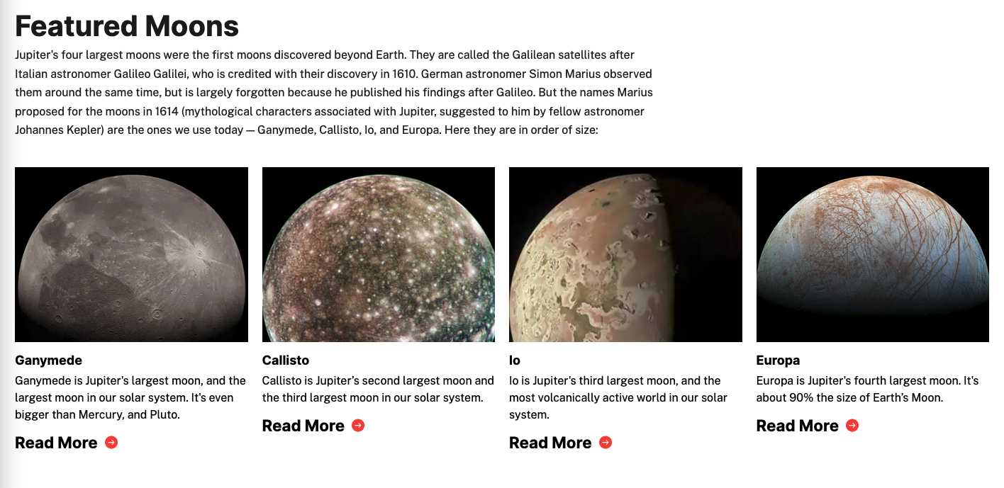 Screenshot of NASA's website providing information on the 4 best known moons of Jupiter