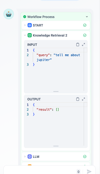 Screenshot showing the chatbot debug console querying the knowledge database with the wrong search term